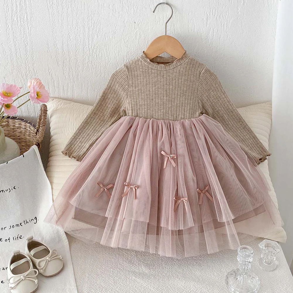 

Осенняя детская одежда, вязаное и сетчатое лоскутное цельное платье для детей, длиной до колена, Vestidos, повседневное платье для девочек, От 1 до 6 лет, для малышей