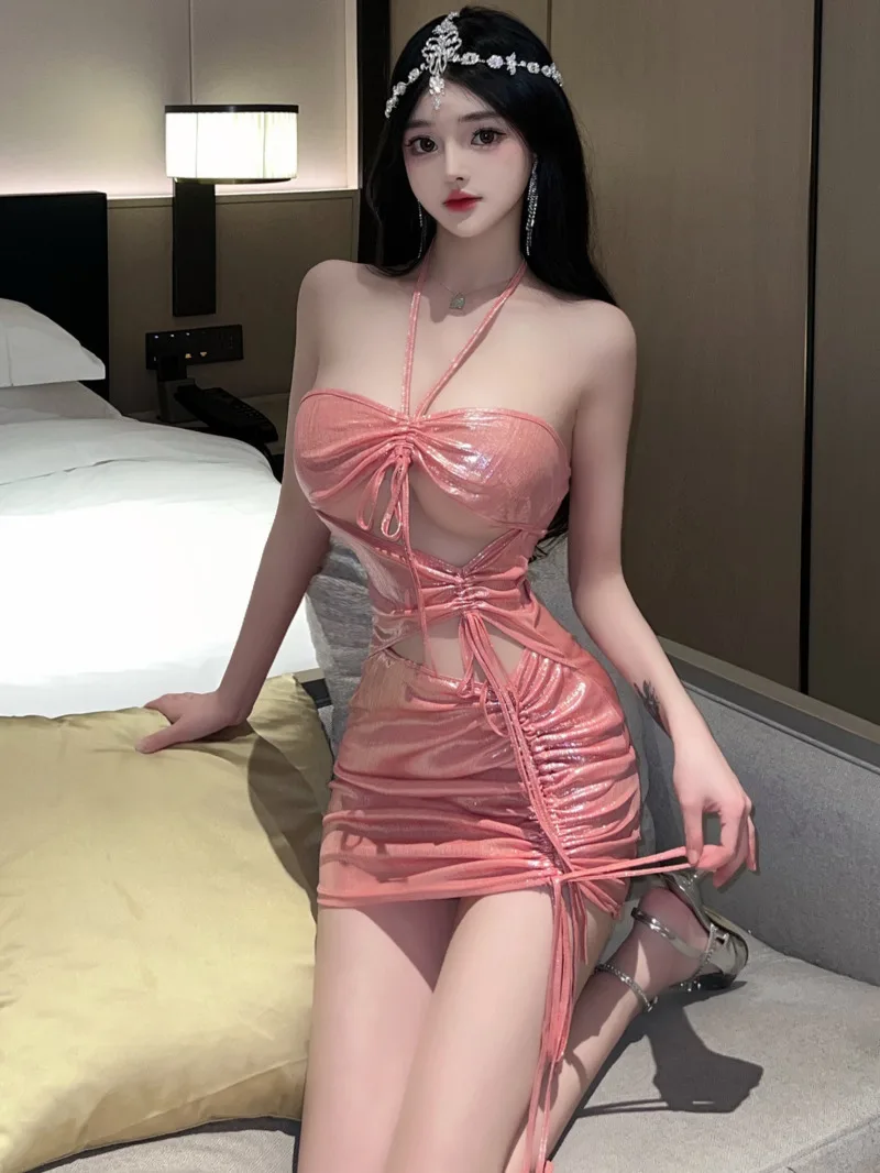 

WOMENGAGA Queen Goddess Dress Mini PU Sexy Leather Seductive Charming Cute Sparkling Hollow Dress Elegant Irregular Sexy Top C85