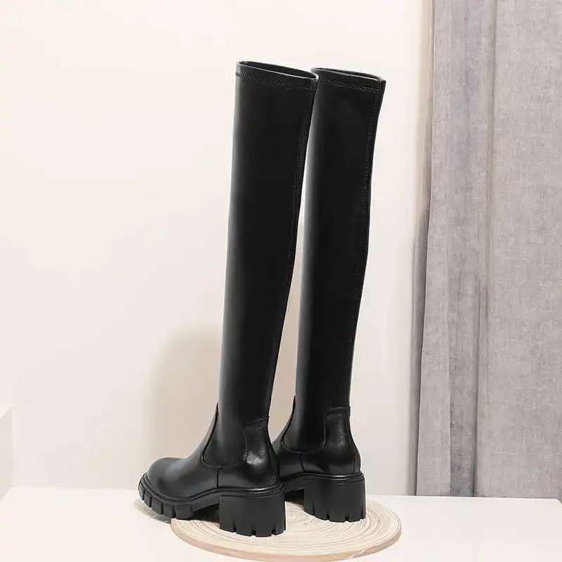 Krazing Pot Big Size Cow Leather Stretch Over-the-knee Boots Platform Round Toe High Heels Winter Women Warm Thigh High Boots