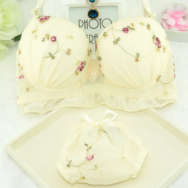 Women Underclothes Young Girl Underwear Bras A B cup Lingerie set With Brief Sexy Lingerie Lace Embroidery Bowknot Bra Sets