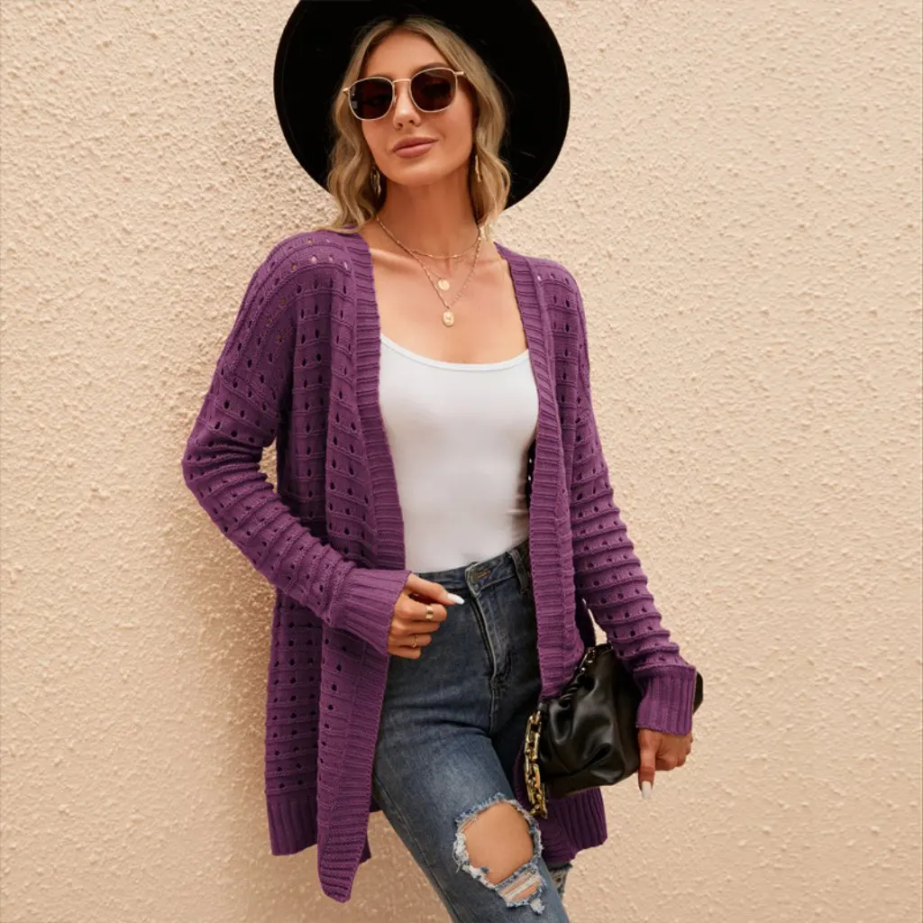 

Women's Solid Color Long Sleeve Knitted Cardigan Mid-Length Hollow Sweater Jacket Loose Versatile Knitwear