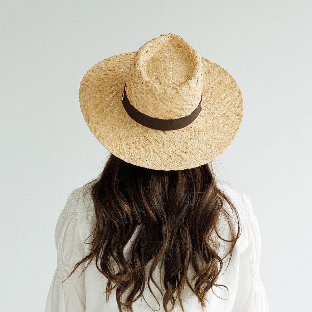 100% Raffia straw hat with two tone ribbon band straw fedora hat wide brim