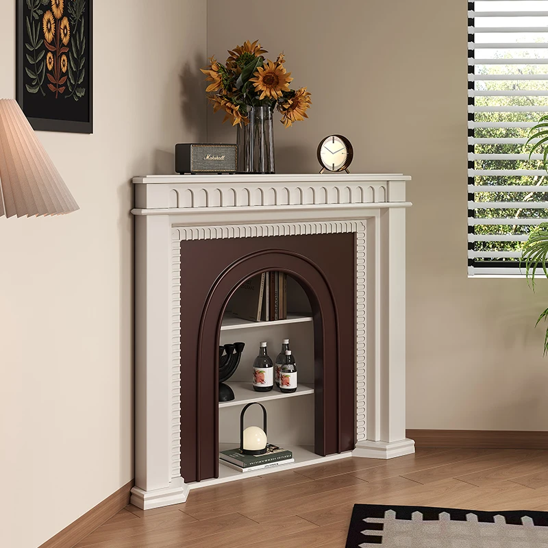 Gabinete de chimenea de esquina irregular de madera maciza de viento crema francés, gabinete decorativo, gabinete lateral de esquina de salón americano para el hogar