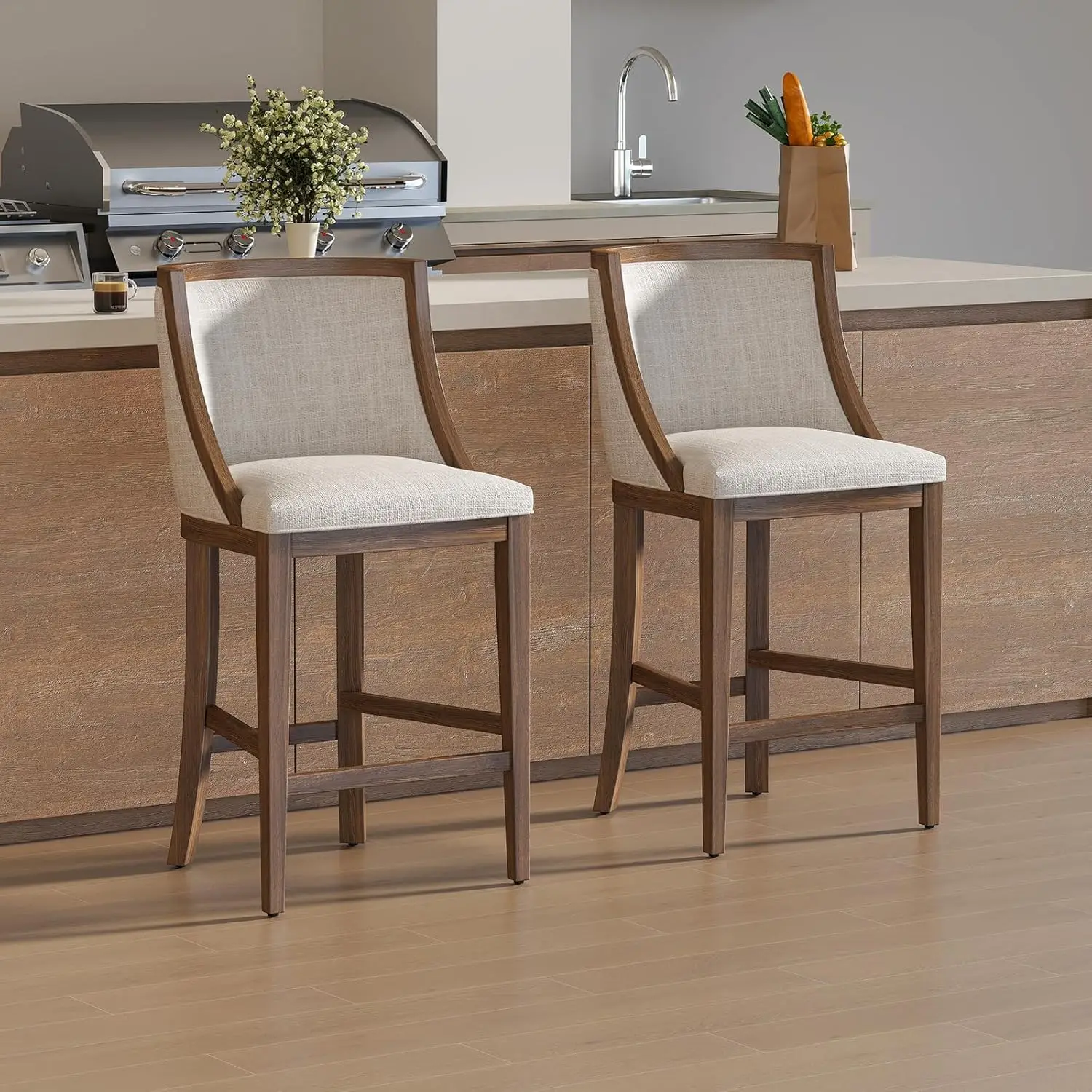 

Комплект из 2 барных стульев высотой 26 дюймов, с мягкой обивкой из ткани, изогнутой спинкой, ножками из массива дерева, для кухонного острова, бежевый, на заказ