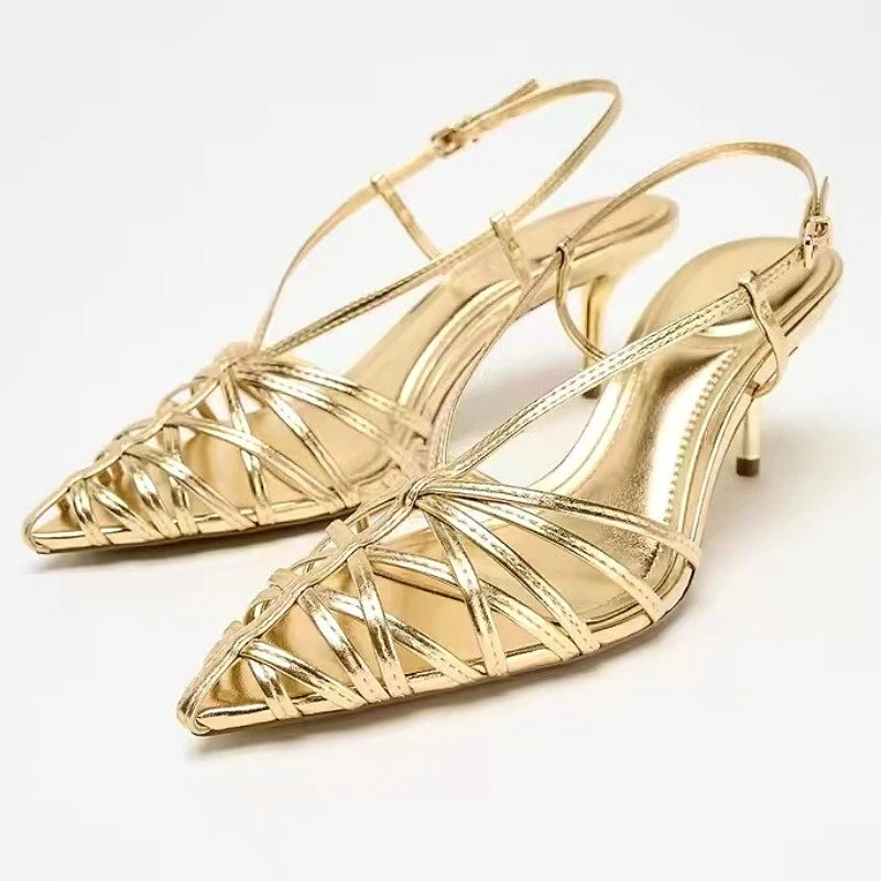 

Weave Narrow Band Elegant Sandals Women Gold Hollow Slingback High Heels Female Luxury Designer Banquet Dress Shoes Women Pumps