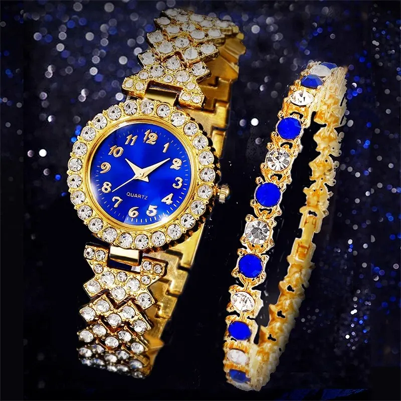 Women's Quartz Watch Blue Dial Brand Design Female Clock Women Steel Bracelet Watch Luxury Fashion Set With Diamonds