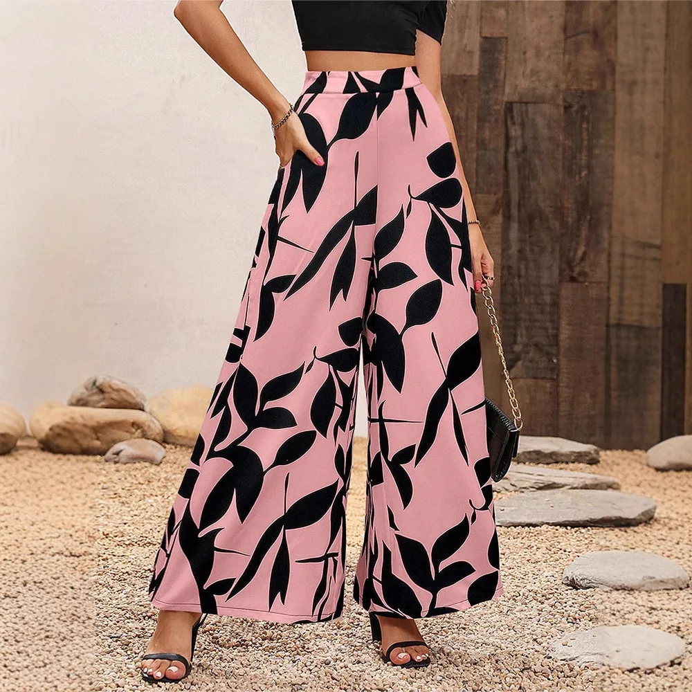 2026 Summer Chiffon Leaf Pattern Casual Pants Elegant High Waisted Wide Leg Pants For Women