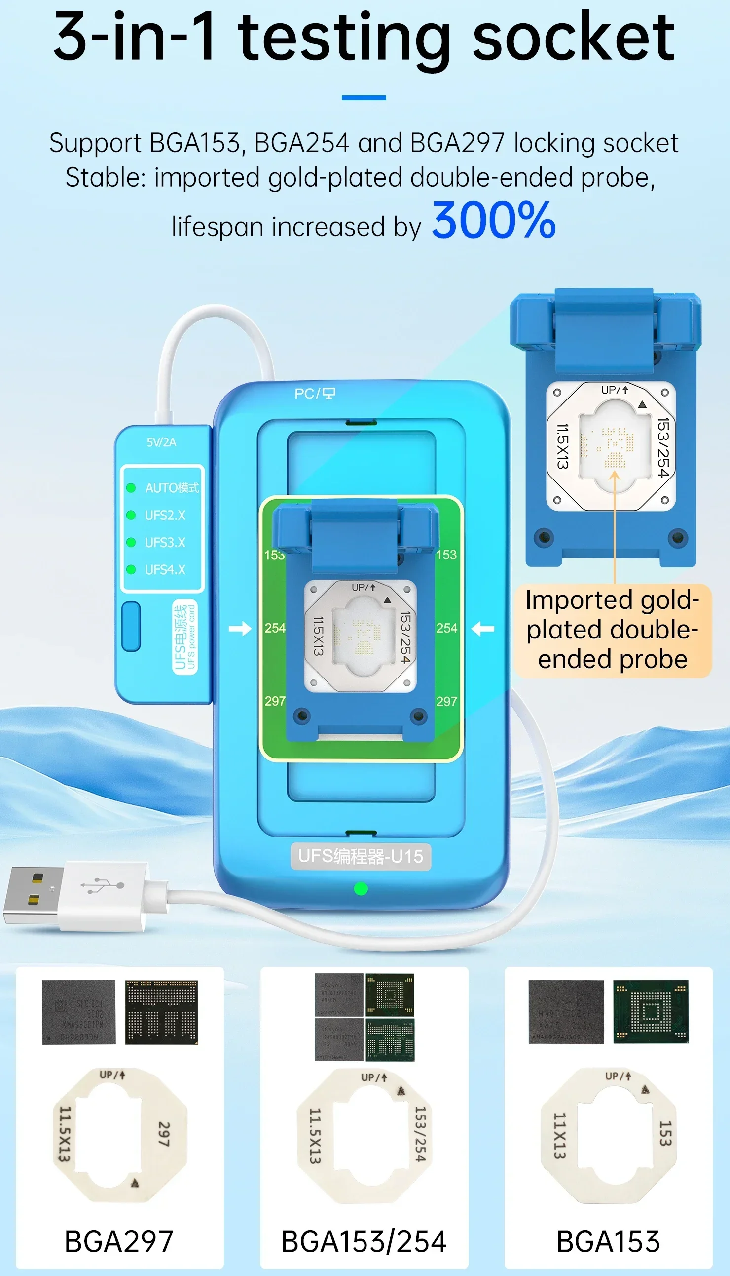 JCID Programmer 3in1 UFS U15 Box  For BGA153/254/297 UFS2.X 3.X 4.X NAND IC Chips Automatically Identify Read And Write Tool