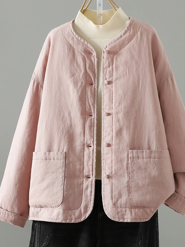 Casual Cotton Linen Blend Women's Open Cardigan Warmth round Neck Short Outerwear Lightweight Winter Fashion Art Pure Color