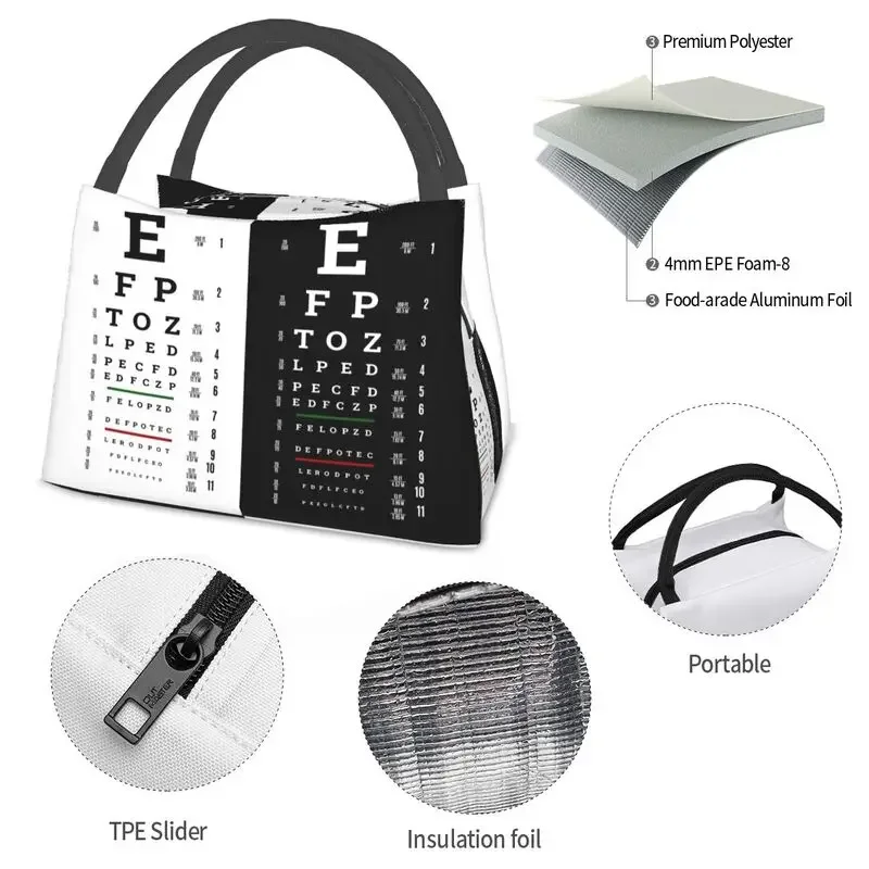 Custom Snellen Chart Eye Test Insulated Lunch Bag Optometrist Optician Resuable Thermal Cooler Lunch Box For Women Picnic Tote