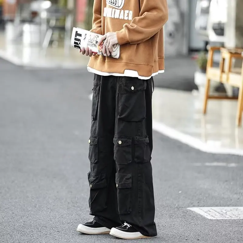 Street Popular White Multi-pocket Overalls Men's Harajuku Style Loose Casual Pants High Street Retro Women’s Slacks Trousers