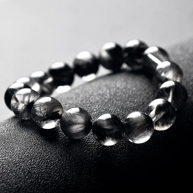 Collectible Grade Natural Black Hair Silver Titanium Cat's Eye Crystal Bracelet for Men and Women Single Circle Hand String