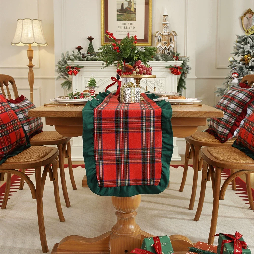 Christmas plaid table runner featuring contrasting ruffles—perfect for Christmas and winter parties.