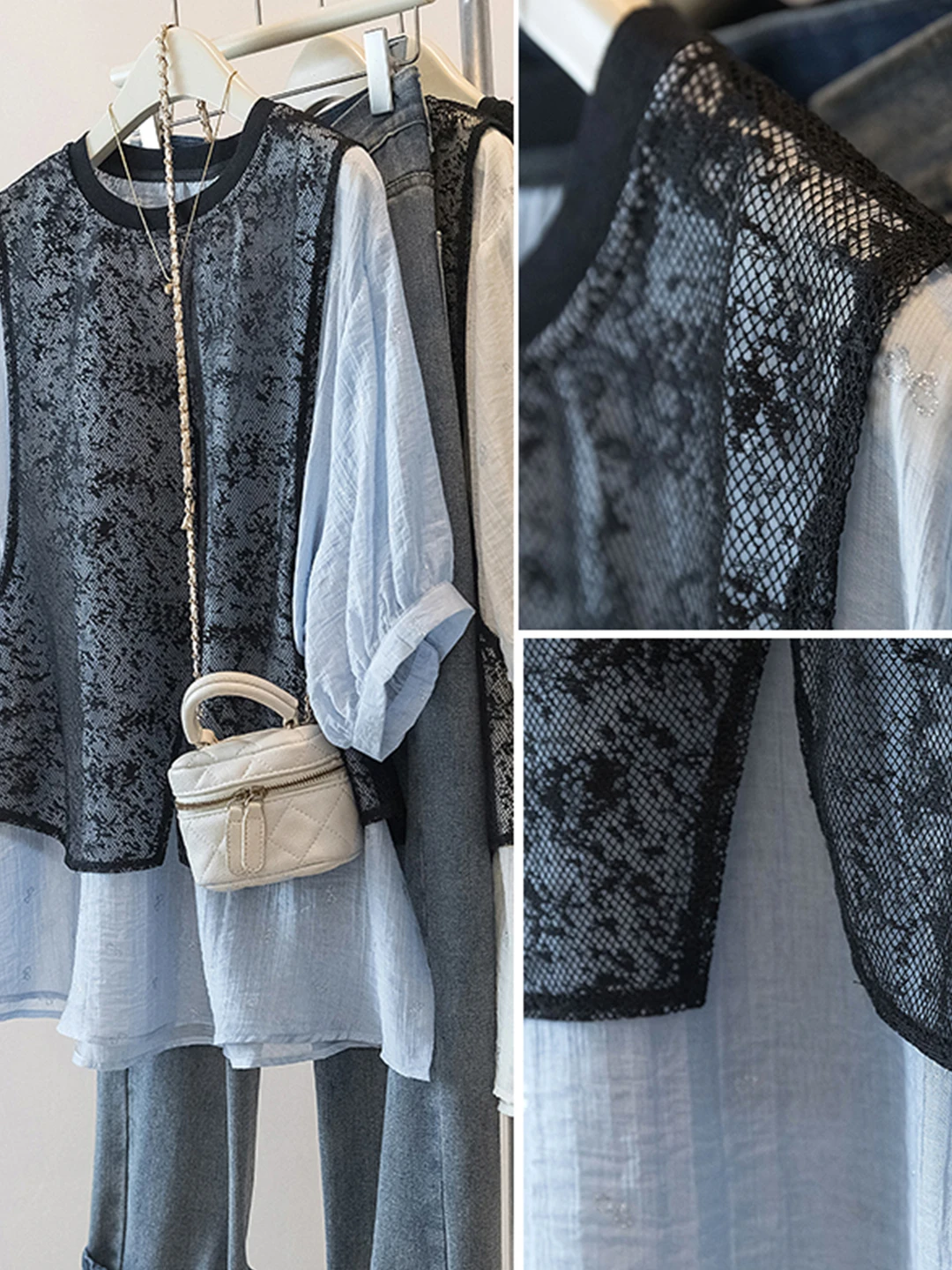 plus Size Lace Insert T-irt Women Summer Loose Belly Covering Slimming Design Sense Fake Two-Piece Top Comfortable Fit roun...