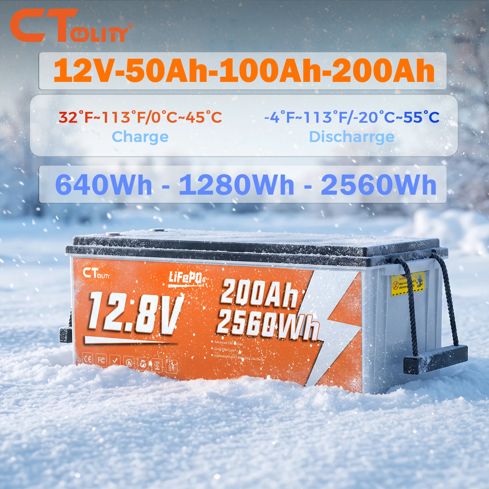 CTOLITY 12V 50AH 200Ah 100AH LiFePO4-Batterie 640Wh 1280Wh 2560Wh Lithium-Eisenphosphat-Batterie mit 50A 100A 200A BMS für Wohnmobile, Golfwagen, Solarstromsysteme, Trolling-Motoren, wiederaufladbare