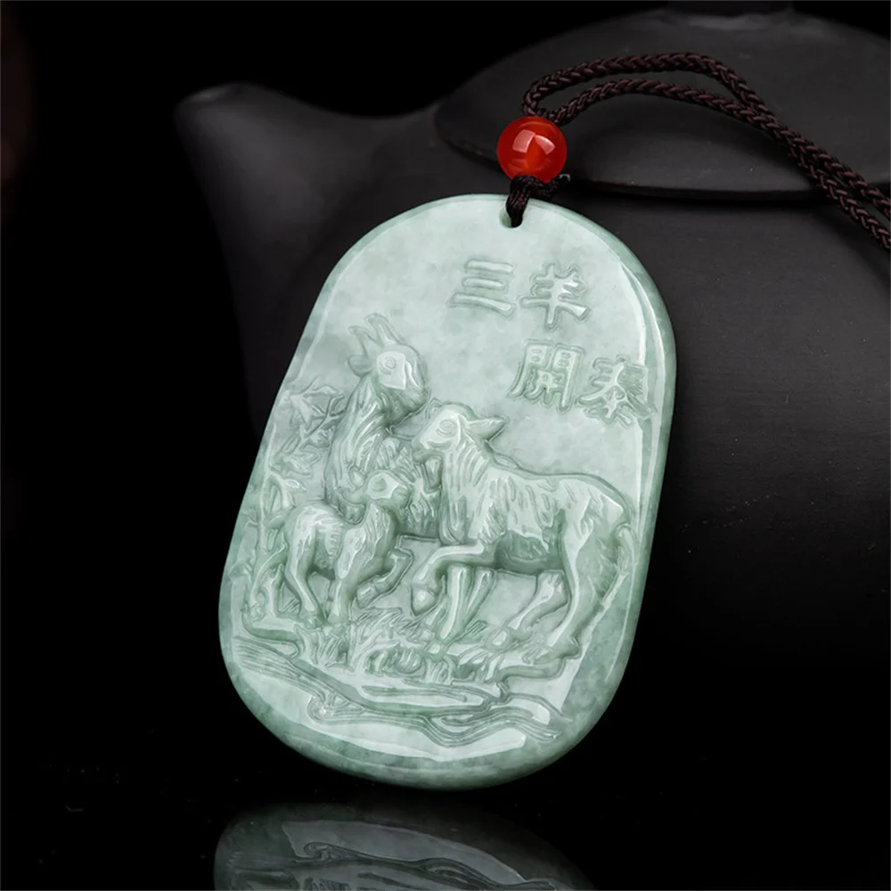 Charm Natural Ice Green Jadeite Carved Chinese Three Sheep Fortune Pendant Amulet Necklace Certificate Trendy Jade Jewelry