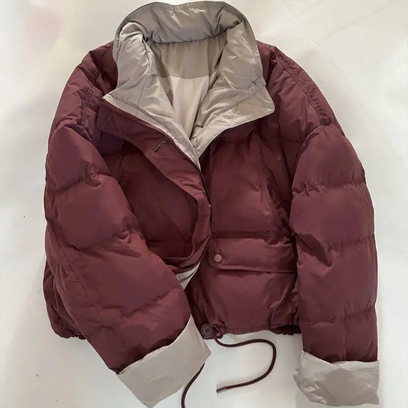 

Color Block Duck down Jacket Short Loose Fit Stand Collar Thickened Women's Fashion Design Sensation Spring Warm Coat
