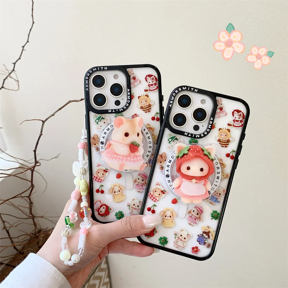 

Korean INS Rabbit Bear Phone Case for iPhone 11 12 13 14 15 16 17 Pro Max Plus 16E Funda For Magsafe Stand Cute Protection Cases