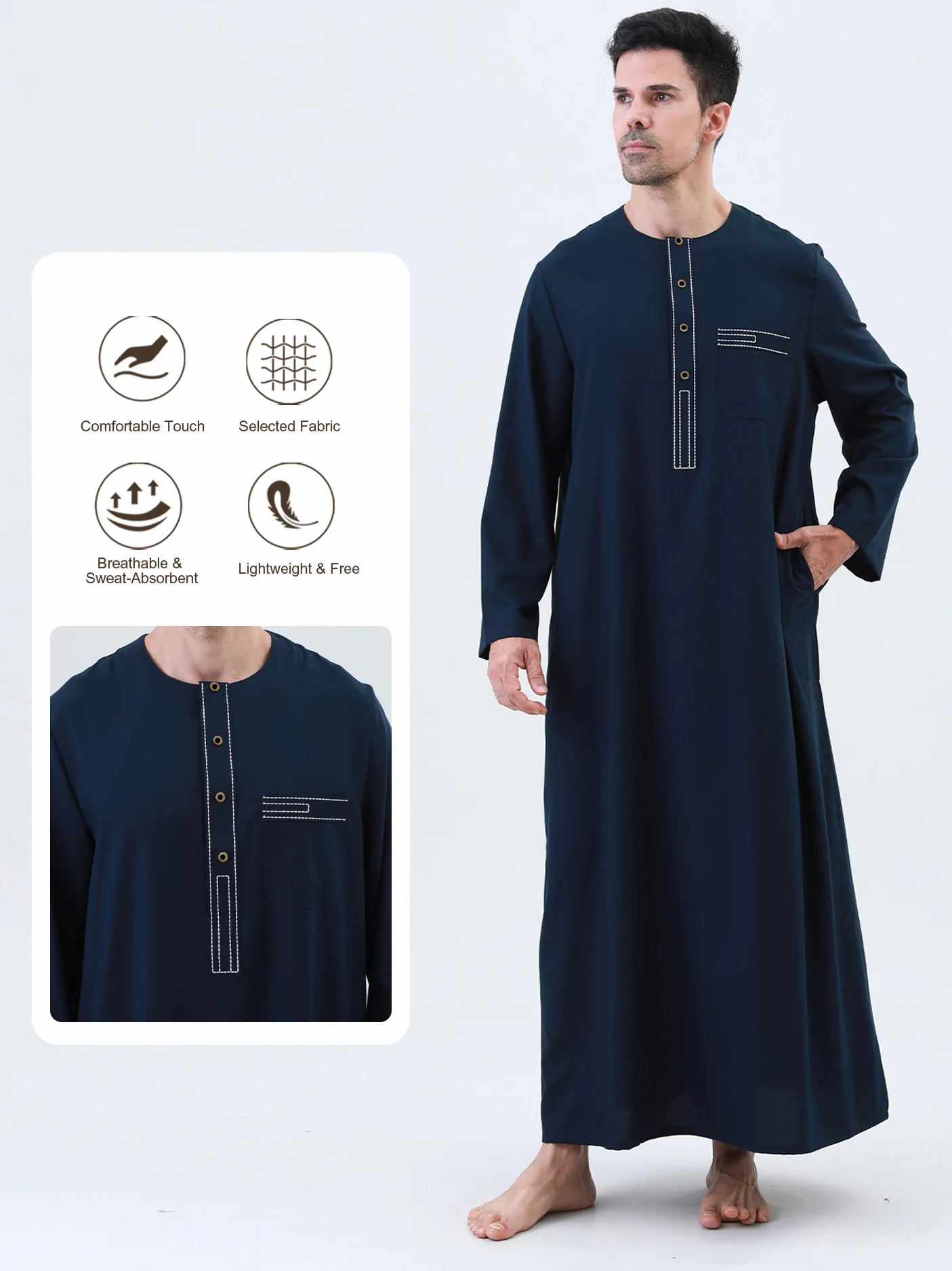 

Men Islamic Thobe Long Sleeve Stand Collar Kaftan Dubai Style Pocket Robe Saudi Ethnic Loose Muslim Prayer Abaya For Ramadan Eid