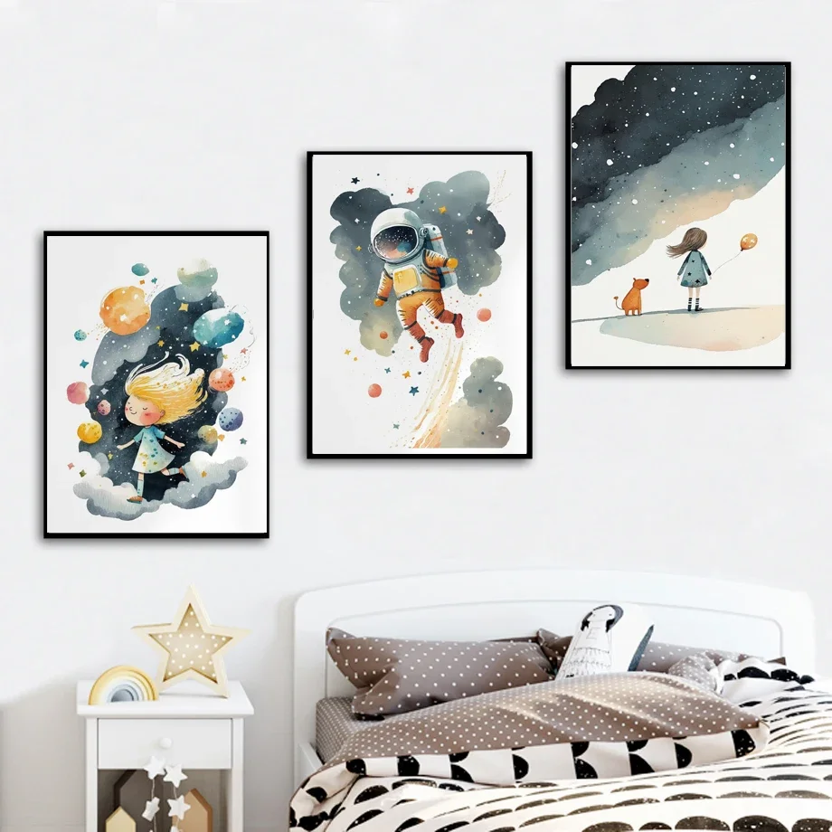 

Astronaut Watercolor Planets Solar System Canvas Print - Modern Space Nursery Poster for Baby Kids Play Room Decor