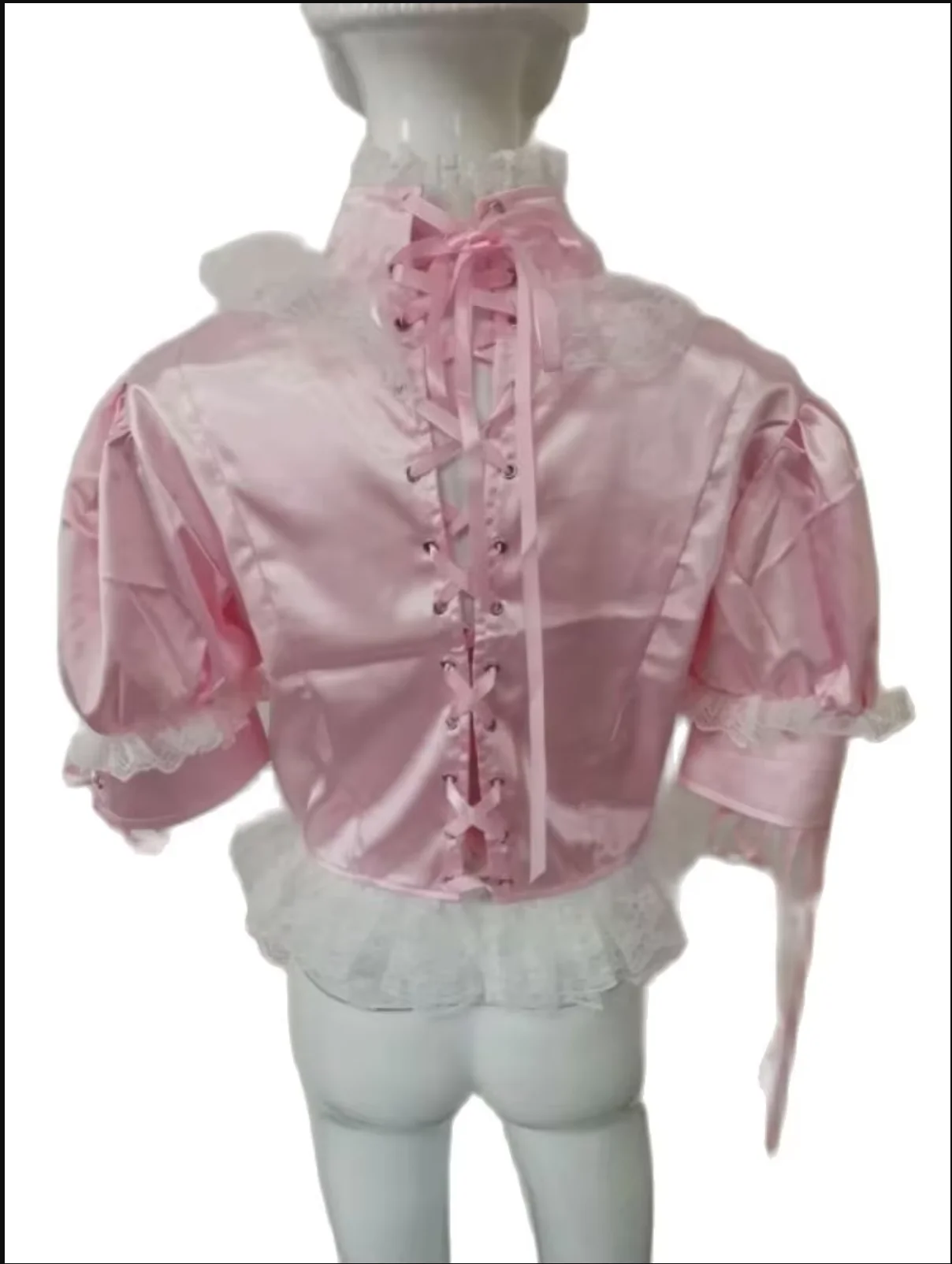 Pink Satin Medium High Neck Fluffy Bubble Sleeve Top With Sexy Ribbon Drawstring Can Be Customized In Multiple Colors