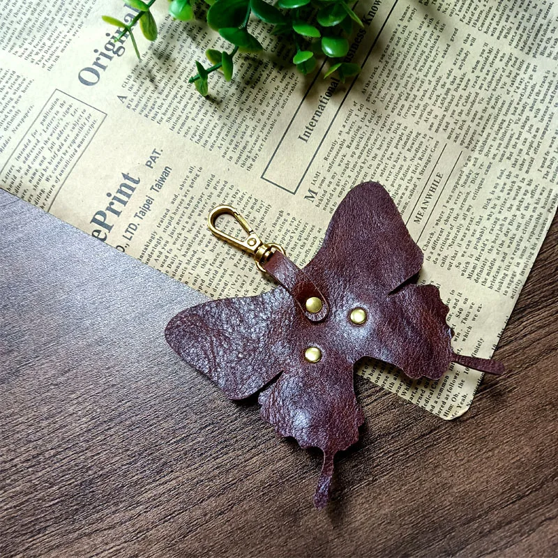 Handmade DIY Tanned Cowhide Leather Butterfly Keychain Pendant Genuine Top Layer Cowhide Leather key Ring Accessories