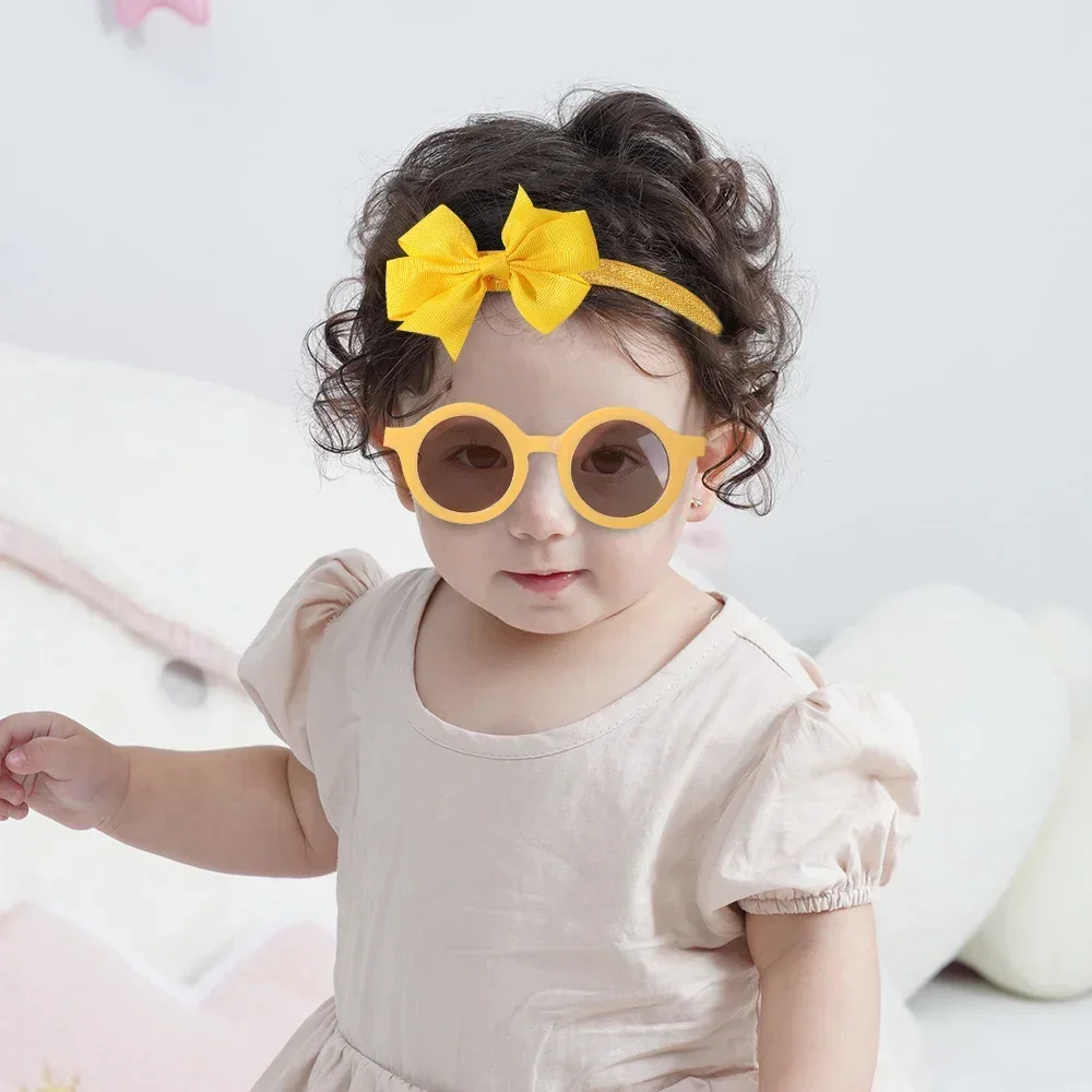 2 Pcs/Set Ribbon Headband Retro Sunglasses Set for Little Baby Girls Leisure Vacation Round Glasses Toddler Hair Accessories