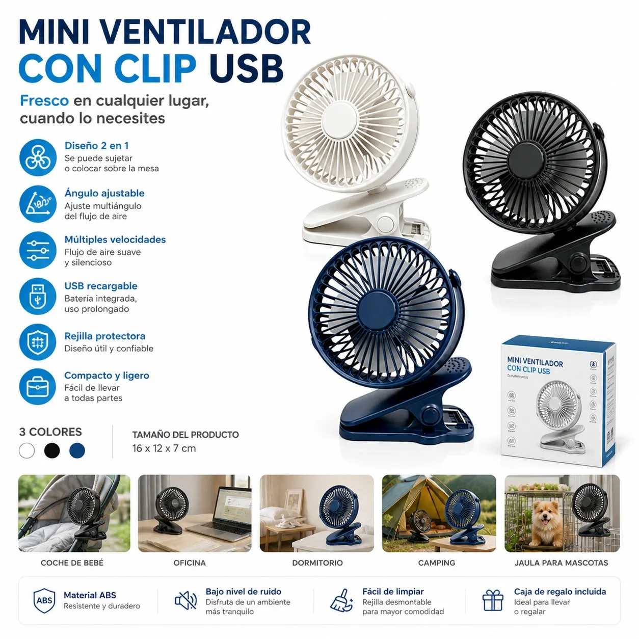 Mini ventilateur à clipser rechargeable par USB 16x12x7 cm, ventilateur de table portable avec angle réglable et 3 vitesses pour le bureau, la chambre, le camping et les animaux domestiques