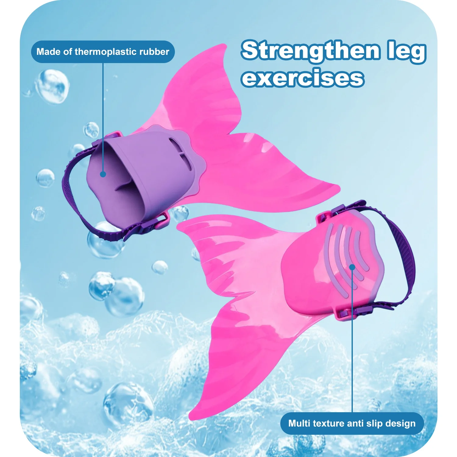 زعانف سيليكون حورية البحر قابلة للتعديل للتدريب على السباحة والشاطئ، زعانف صلبة ناعمة للجسم مع 3 مقابض مضادة للانزلاق، معدات تنكرية للصور للأطفال