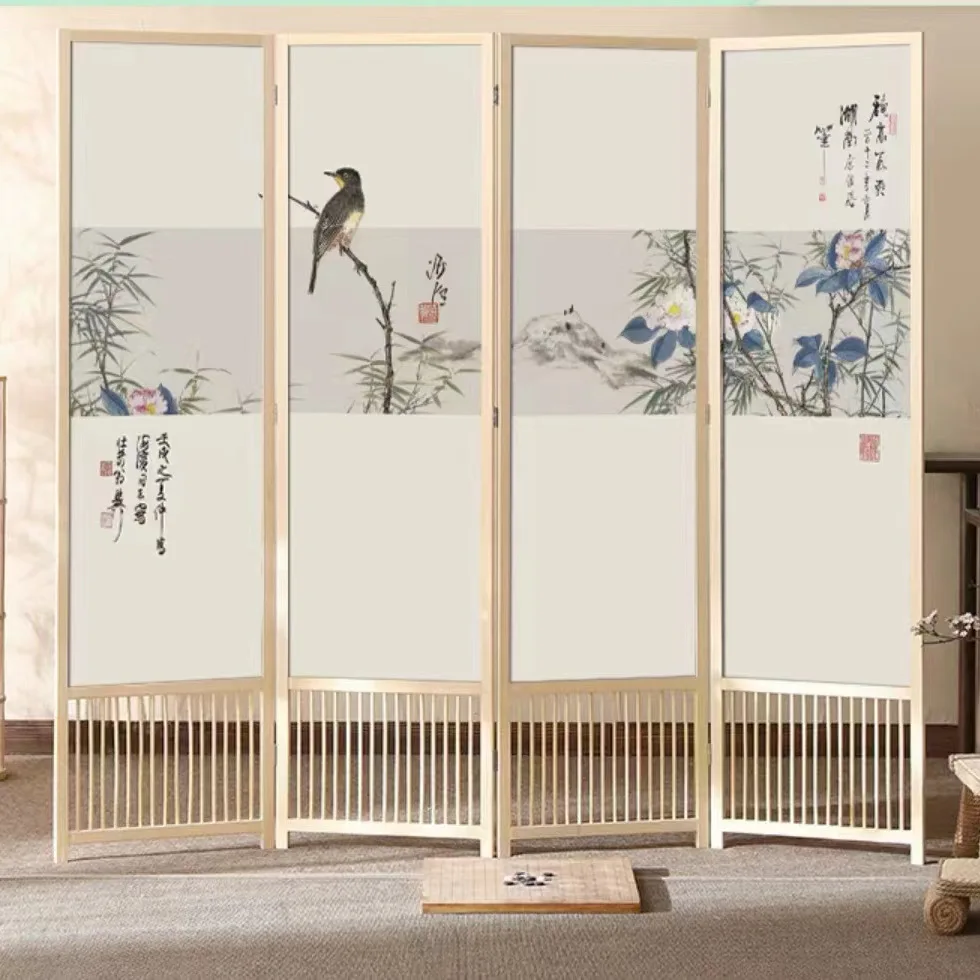 Pine wood unpainted frame partition screen wholesale, new Chinese style hotel home office entryway folding mobile screen