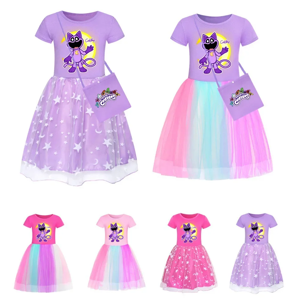 Cartoon Smiling Critters Catnap Baby Girl Dresses Kids Purple Cat Clothes Cosplay Costume Children Casual Rainbow Dress + Bag