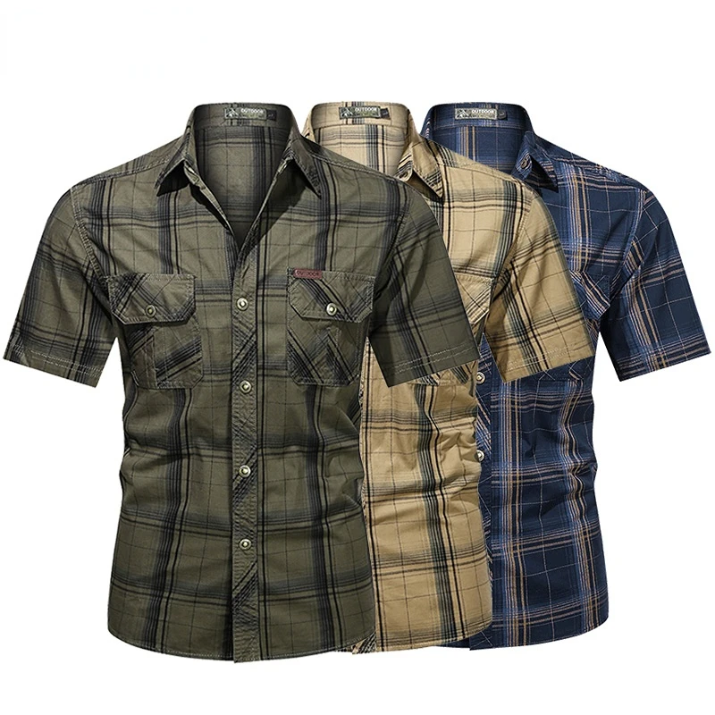 Men Lapel Shirt Plaid Printing Summer Short-sleeve Fashion Tops Casual Streetwear Male Work Shirts Green S-5XL