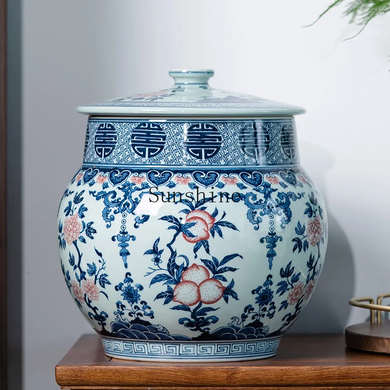 

Jingdezhen hand-painted blue and white porcelain tea ceramics Pu'er storage tank tank household sealed tank extra large