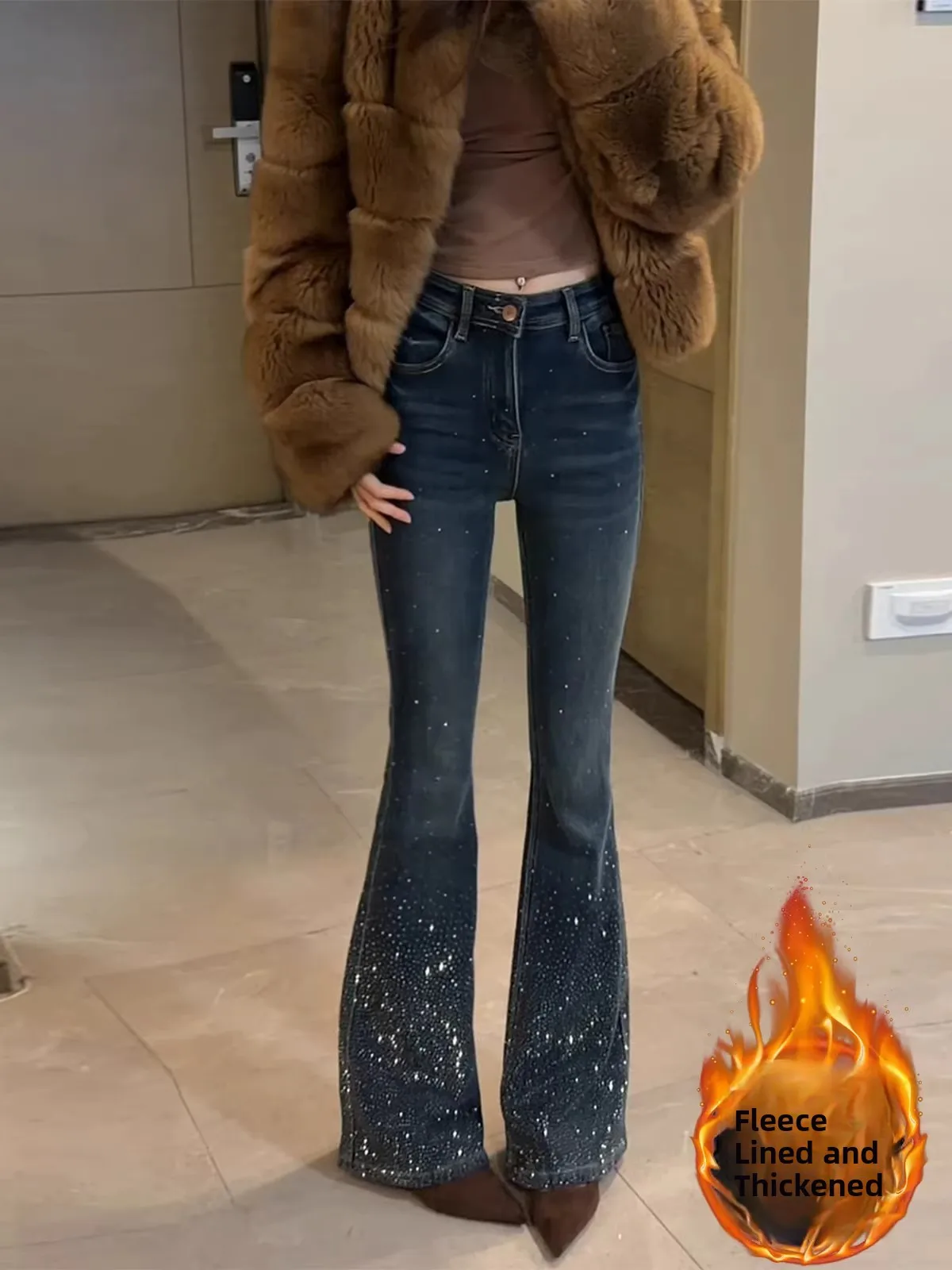 

Синие джинсы с высокой талией и подкладкой из флиса, облегающие, женские, зимние, новые, эластичные, драпирующиеся, расклешенные, повседневные, с высокой талией