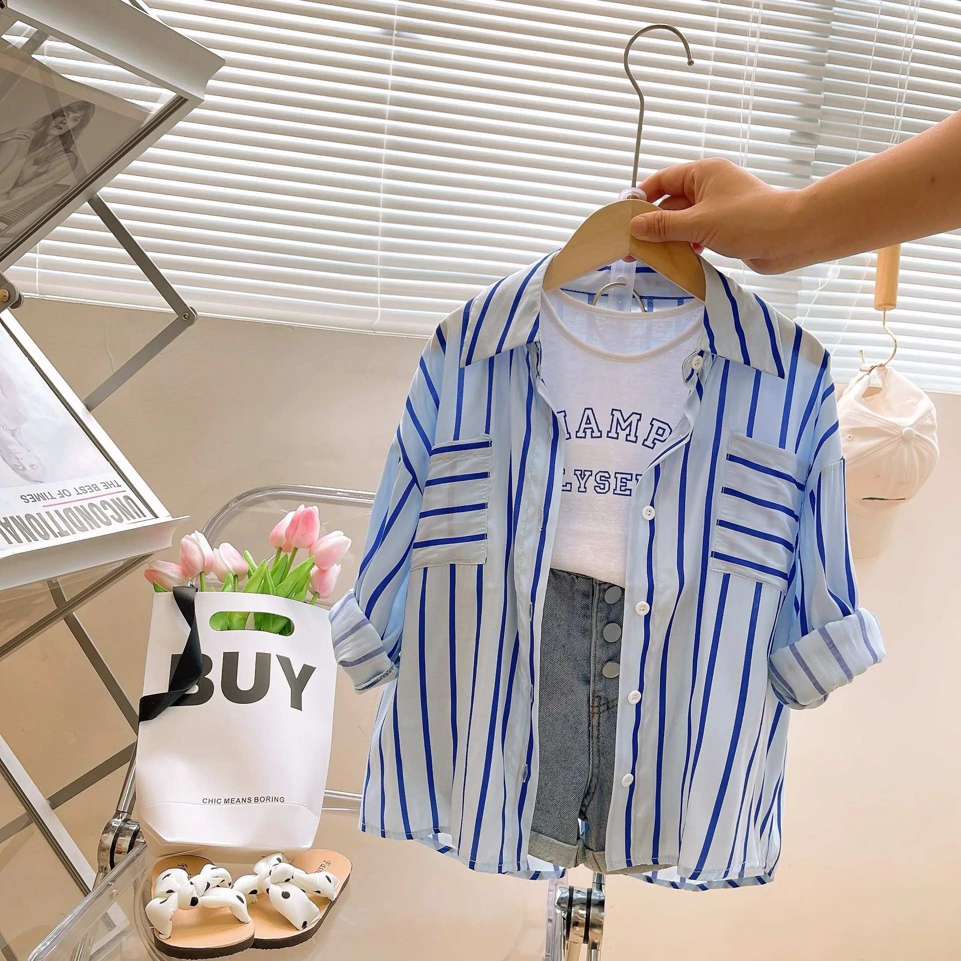2025 Summer New Fashion Korean Version Girl Striped Long-sleeved Shirt Letter Vest Jeans Three-piece Suit