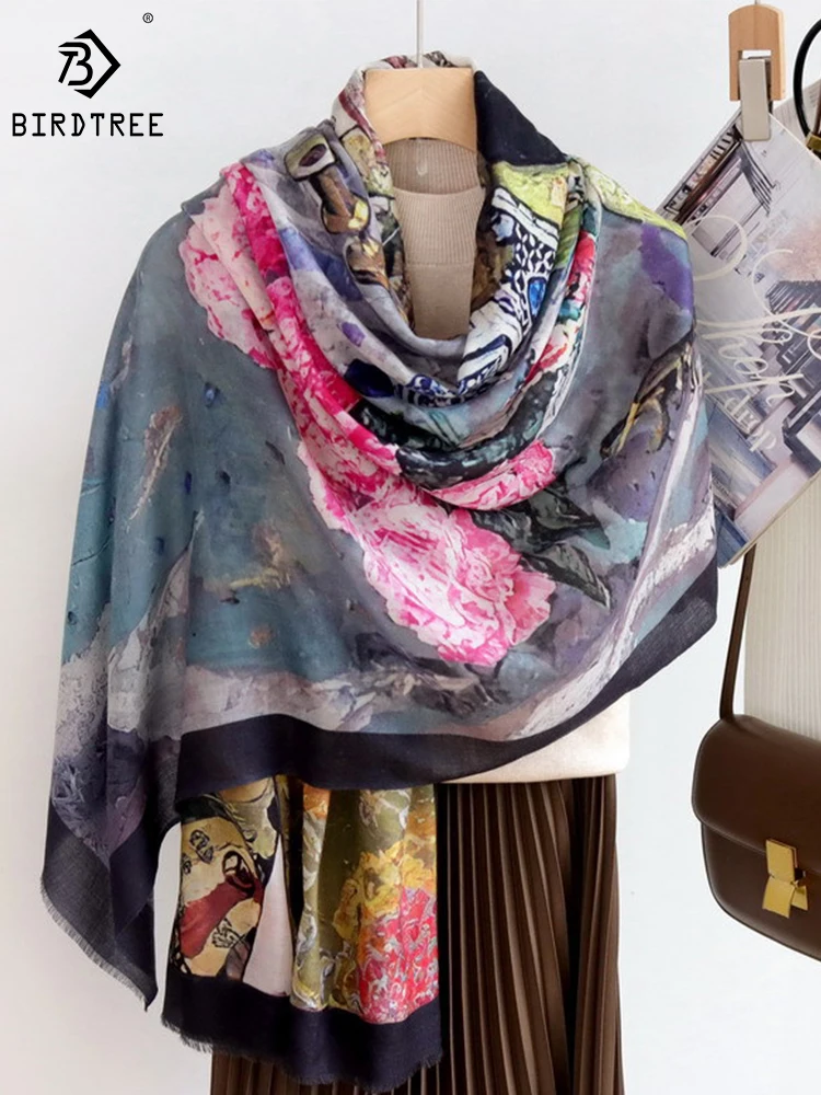 

Birdtree 100%Water-soluble Wool Scarf Print Handmade Edging Elegant Comfortable Retro Shawl Scarf 2024 Spring Fall A3D929QD