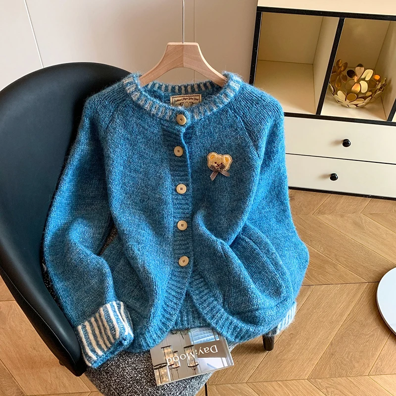 

MEXZT вязаный кардиган с героями мультфильмов, женский полосатый лоскутный свитер в стиле Харадзюку, верхняя одежда, модный корейский трикотаж, зимние свободные джемперы