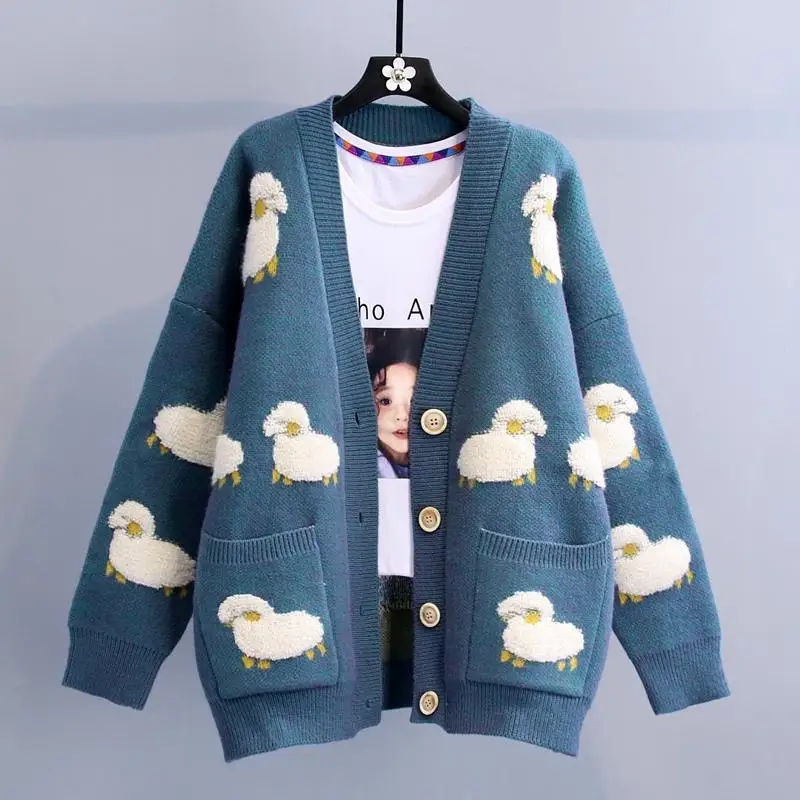 Cardigã de desenho feminino com contraste, blusa solta, suéter versátil, casaco de outono e inverno, querida, 2023