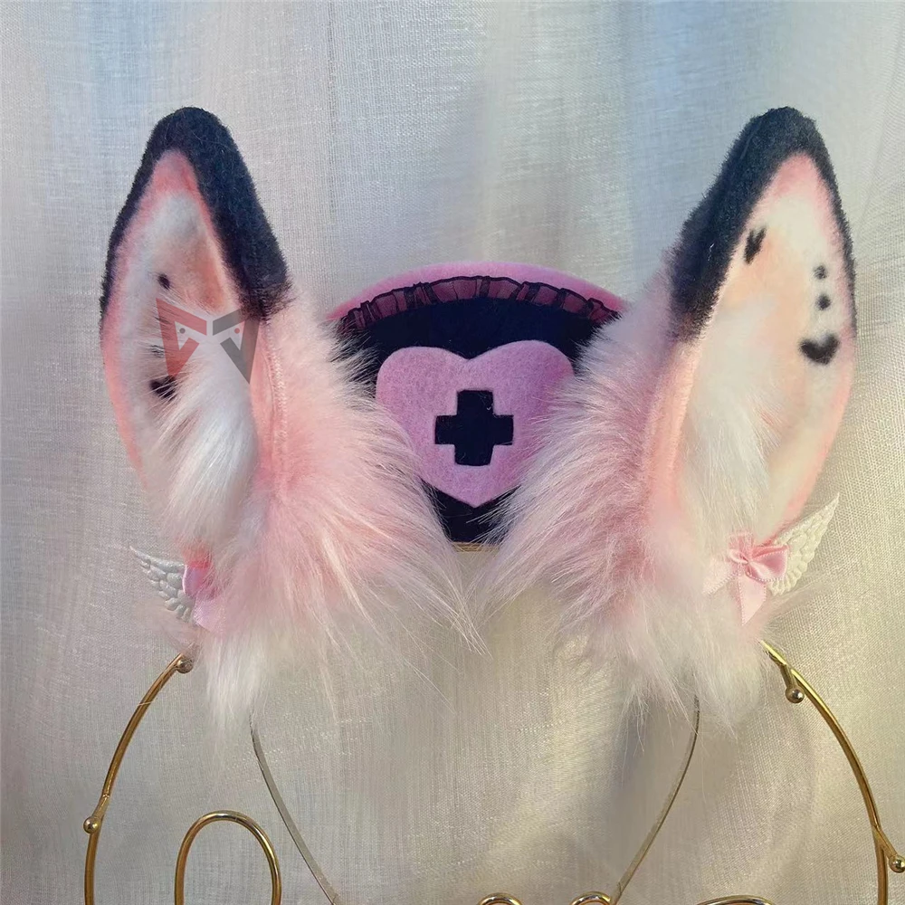 New Handmade Work Pink Bunny Rabbit Ears Hairhoop Nurse Hat Tail Necklace Earrings Cosplay Lolita Acessories Headwear