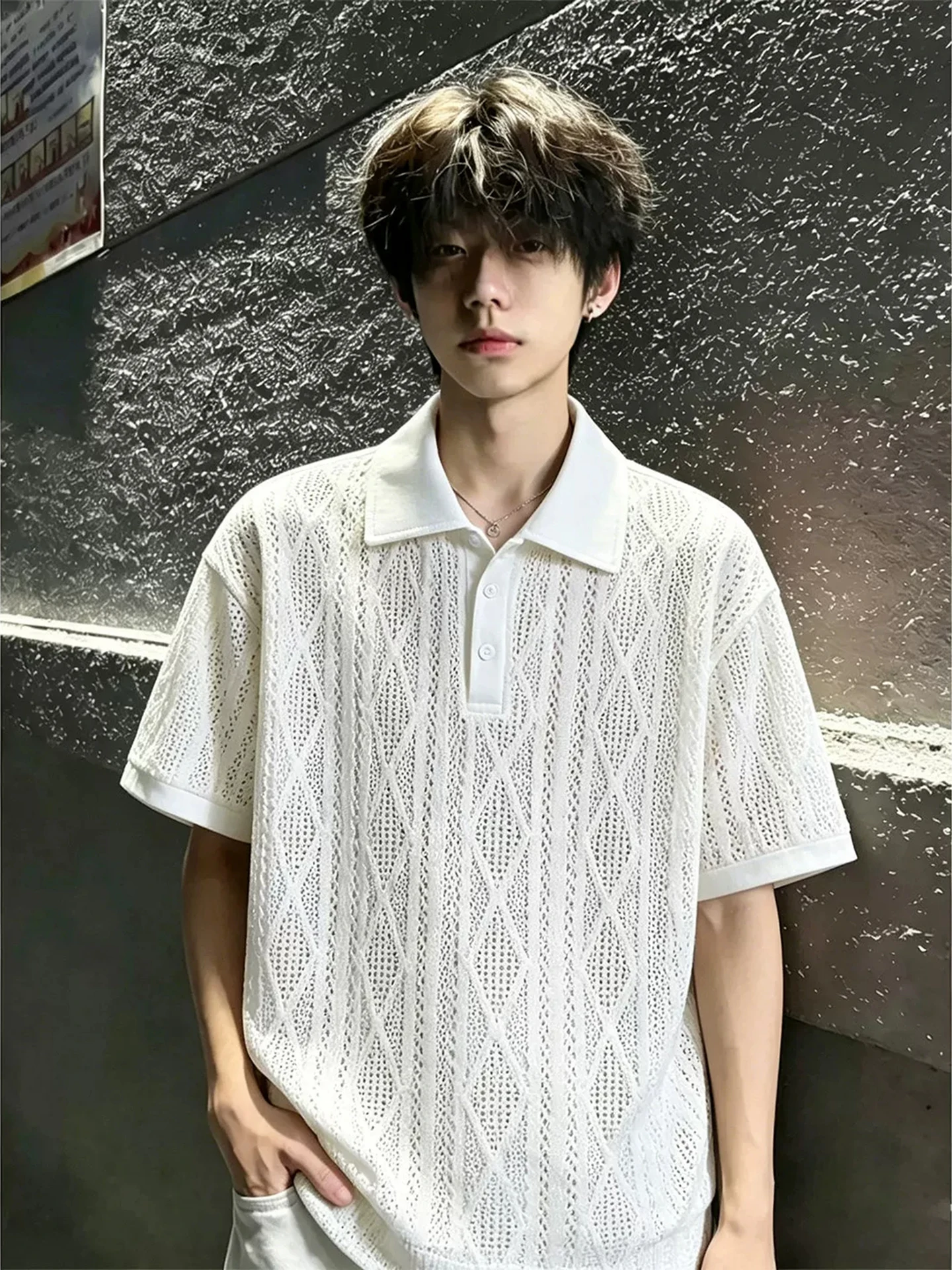 

White Hollow out Short Sleeve Shirt Men's Summer Clean Fit Texture T-Shirt Breathable Soft Comfortable Lightweight Shirt