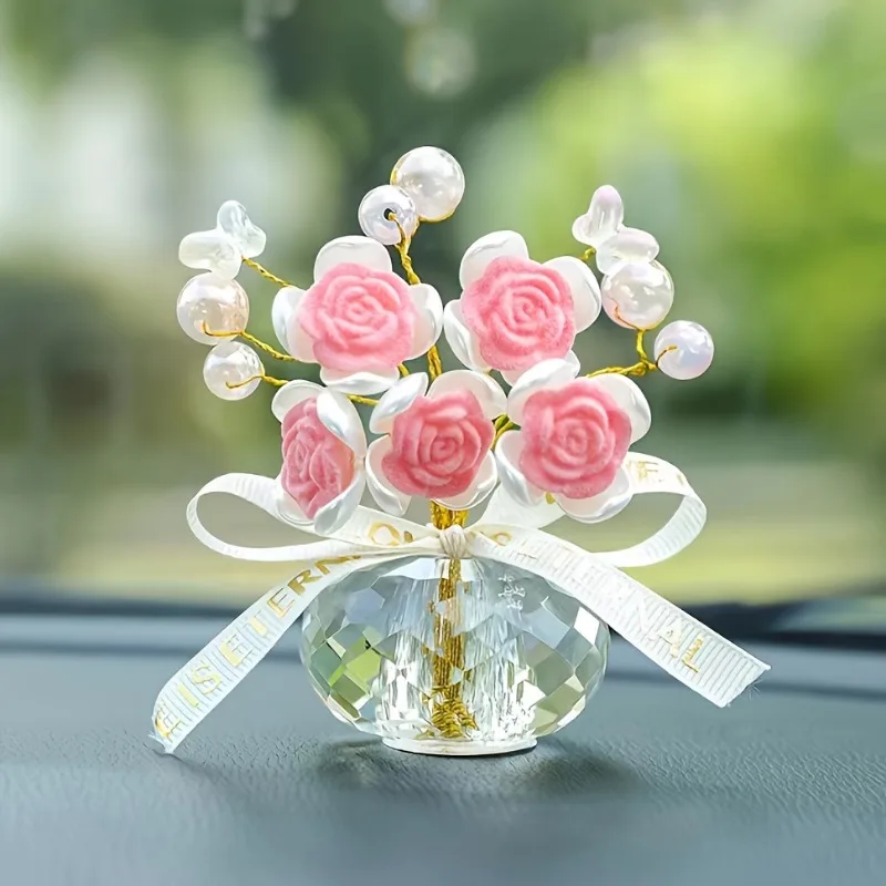 1 x Kristallglas-Rosen-Armaturenbrett-Ornament – elegantes Zuhause, Schlafzimmer/Auto-Dekoration, festliches Weihnachtsgeschenk, Thanksgiving, Weihnachten