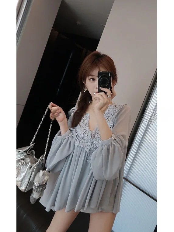 

Ele Lightweight irt for Women Spring Summer New Sle Long Sve with Strap French Sle Loose Fit Hollow out Lantern ...