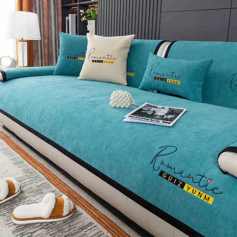 High-End Non-Slip Embroidered Sofa Cushion Solid Chenille Couch Slipcover for Four Seasons Anti-Wear Dust Cover for Living Room