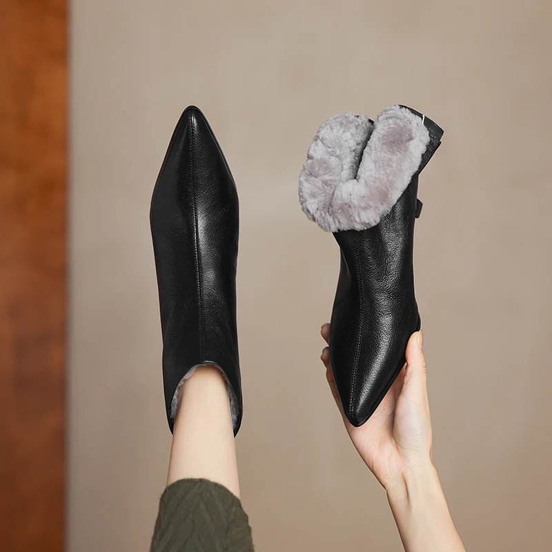 QUTAA 2025 News Warm Wool Women Ankle Boots Pointed Toe Sheepskin Leather Short Snow Boots Winter High Heel Shoes 34-40