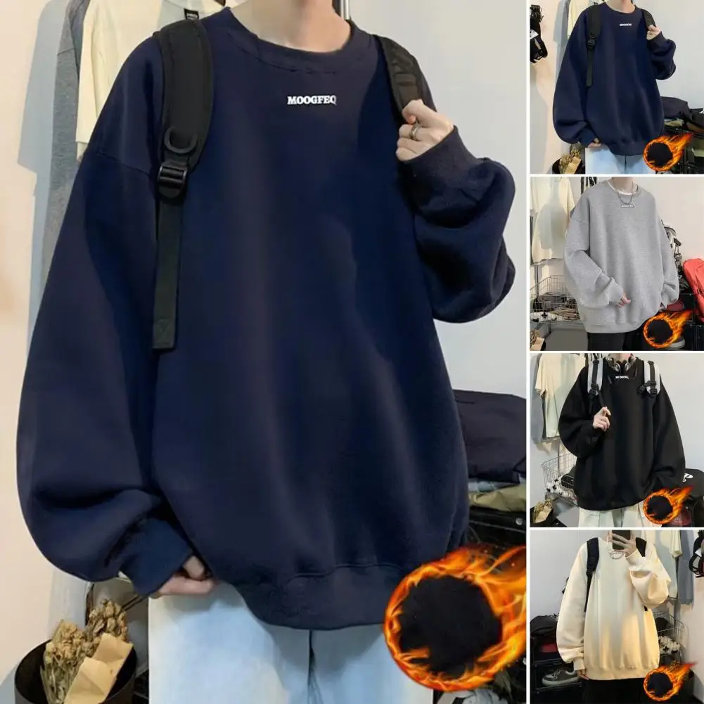 

Velvet Sweatshirt Men's Oversized Letter Print Sweatshirt with Elastic Cuff Soft Warm Fabric Pullover for Fall Winter Autumn