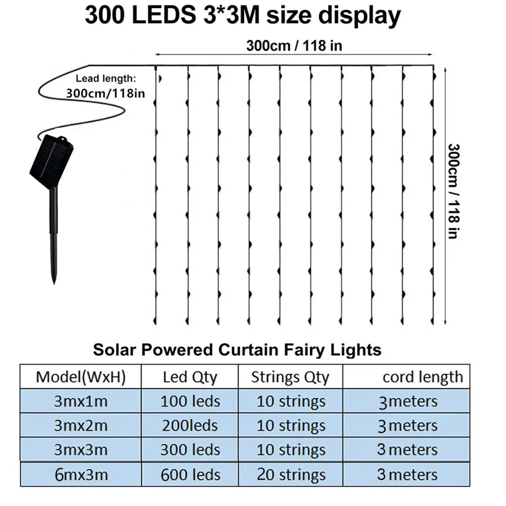 600LED Solar Curtain Fairy Lights Outdoor Copper Wire Party Garden Yard Garland Christmas Wedding Decoration