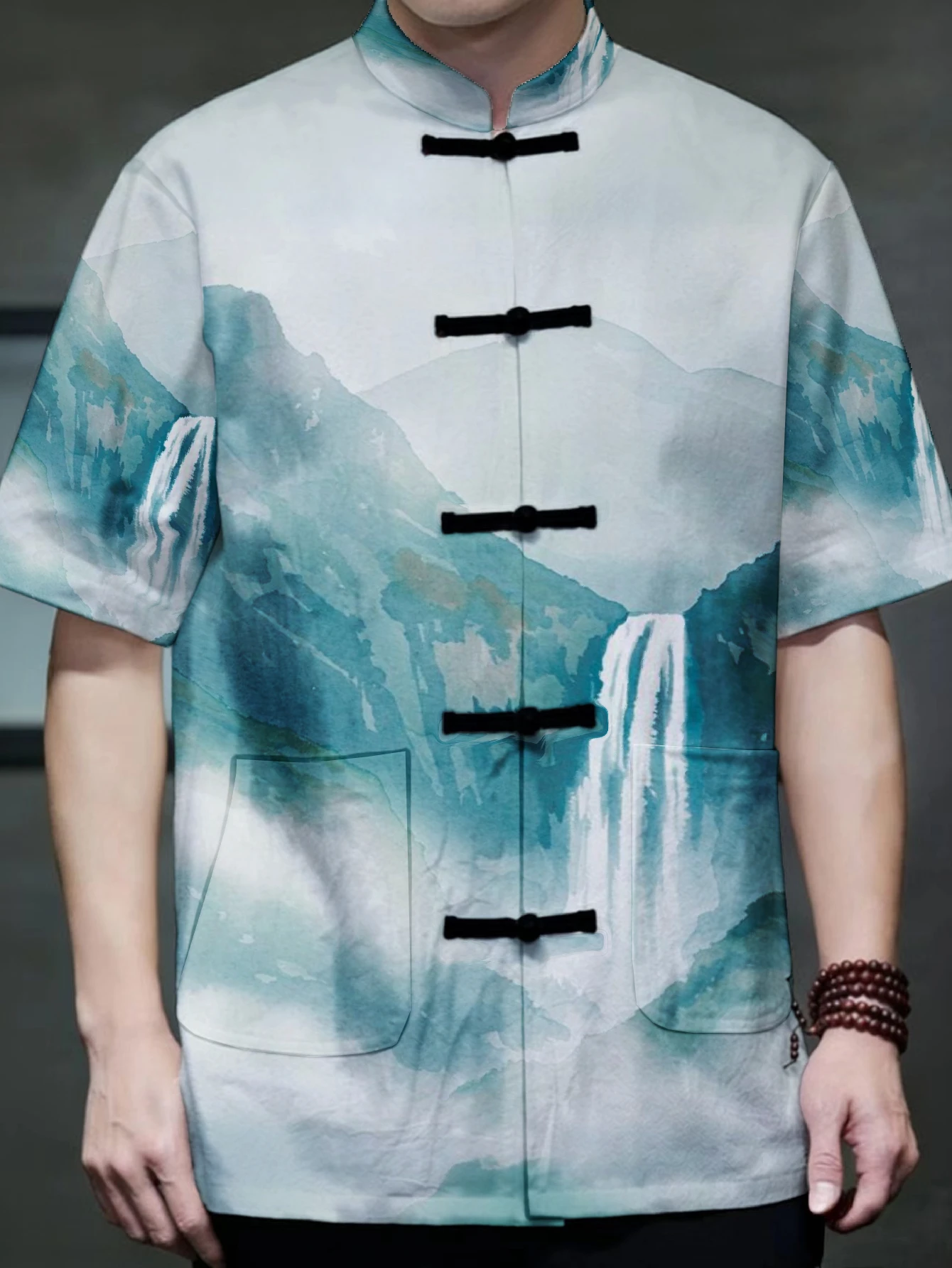 Men Stand Collar Tang Suit Top Waterfall Mountain Scenery Ink Painting Print Frog Button Loose Holiday Outfit