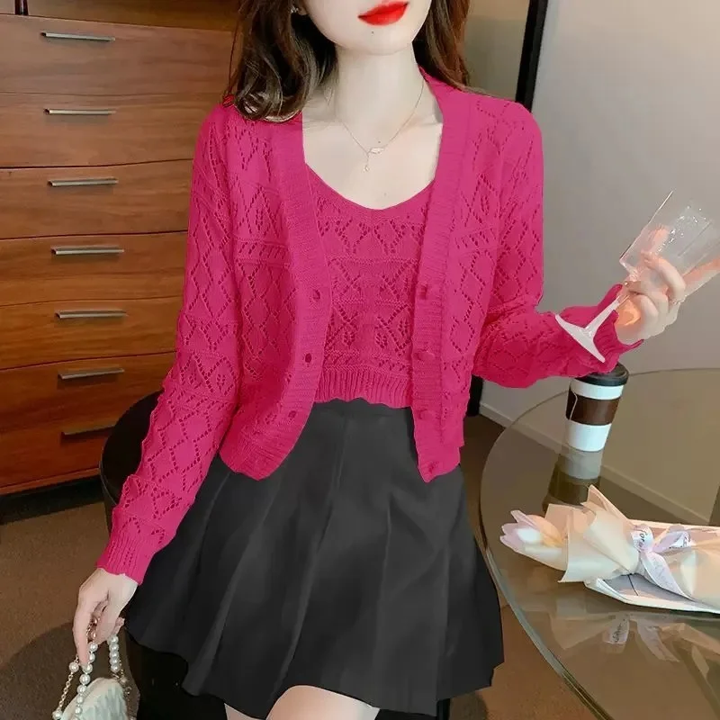 2023 Spring Autumn New Sweet and Westernized Hollow out Knit Cardigan Long Sleeve Top Short Tank Sweater Two Piece Set Fashion