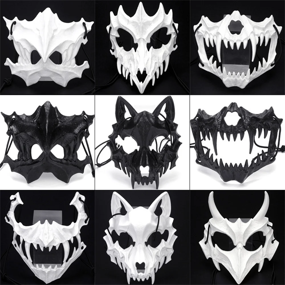 Máscara de media cara para fiesta de Halloween, máscara de dragón, Tigre, Lobo, Cosplay, accesorios de disfraces de terror, máscara de animales de estilo japonés blanco y negro