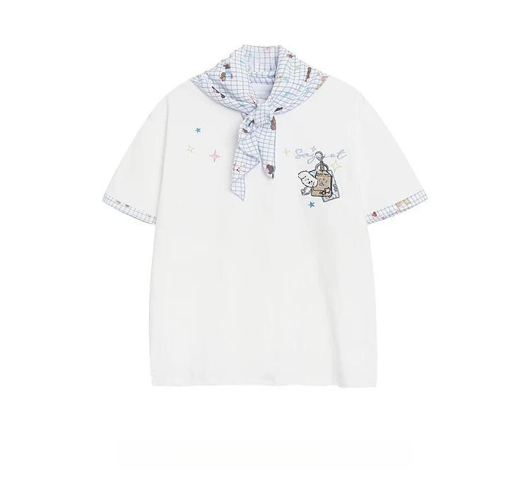 Summer New Men's Navy Blue White Cute Cartoon Dog Embroidery Round Neck Short Sleeve T-Shirt Plaid Scarf 2 Piece Set